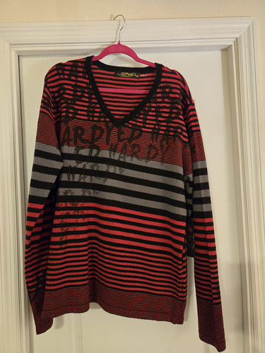Ed Hardy By Christian Audigior XXL Pompeian RED/CHARC womens Sweater V Neck NWT - Picture 1 of 6