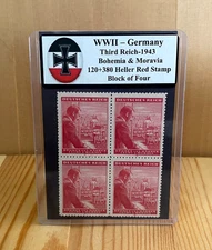 WWII Germany Bohemia & Moravia 1943 120+380 Heller Red Block of 4 With Stand