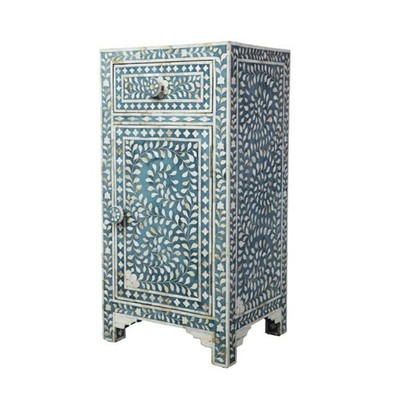 Bedside Table Nightstand Side Table Blue Bone Inlay Wood Handmade Flower