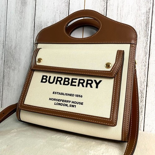 Excellent condition BURBERRY Mini Pocket Bag Two Tone Handbag 2way Canvas Leathe