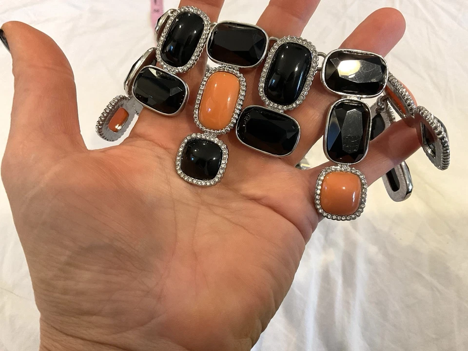 Collar Babero Banana Republic Art Deco Coral Negro Declaración Plata Boho Foto 3 de 4