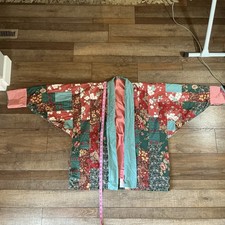 VINTAGE Handmade Patchwork Kimono Jacket One Size Floral Cotton Lined Boho 27814