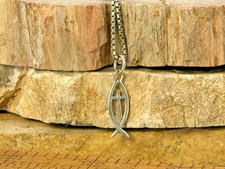 Vintage Ichthus Fish Sterling Silver Pendant Necklace Cross Pendant 18"--124.26