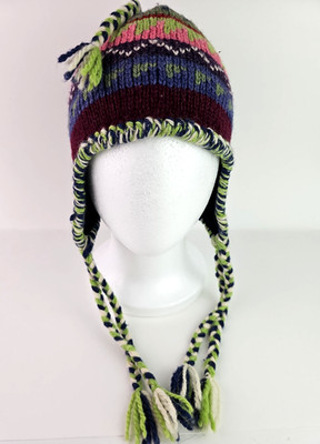 Hand Knit Alpaca Wool Chullo Earflap Hat Maroon Pattern Boho Winter Felt Liner