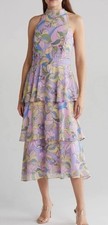 Tahari ASL Tiered Dress Floral Pastel Marble Womens 12 Maxi Flowy Feminine