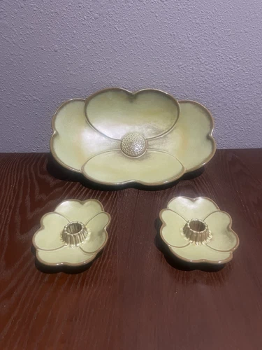 VTG  Frankoma Pottery Prairie Green Dogwood Serving Platter and Candle Holders