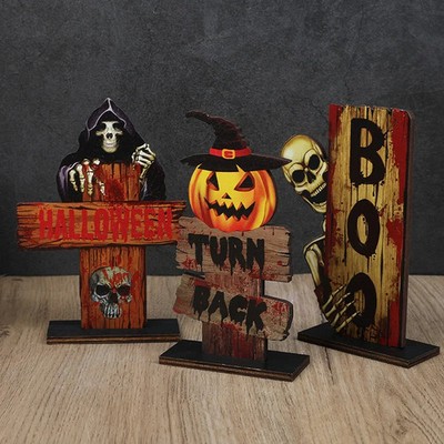 3pcs Halloween Wooden Ornaments Scared Pumpkin Ghost Skull Halloween Home Decor