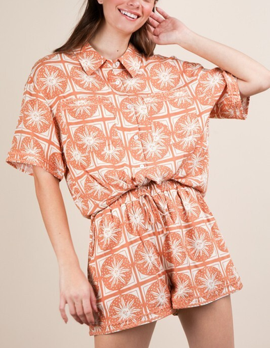 VERY J Outfit Set Taupe Tropical Printed Summer Shirt Top and Shorts Set