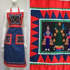 Vintage Blue & Red Quilt Pinafore Bib Apron Dress with Cross Stitch - One Size