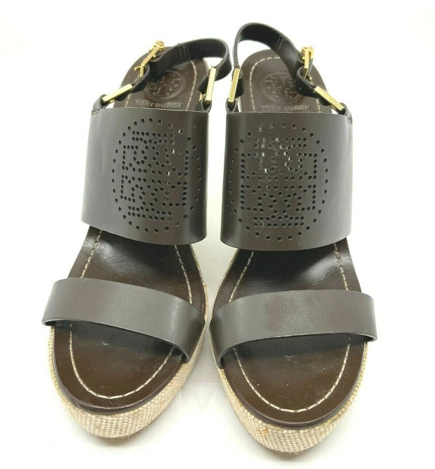 Tory Burch Kimberly Cuero Marrón Oscuro Cuña Eslinga Doble T Logo Talla 9.5 M Foto 2 de 4