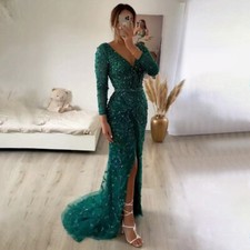Green Mermaid Elegant Mother Of The Bride Dress V-Neck Pearls Long Sleeves Dress
