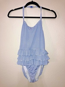 blue and white striped ruffle one piece swimsuit