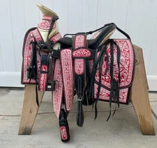 15" BLACK AND RED CHARRO SADDLE MONTURA CHARRA PARA CABALLO Horse Charro Gear