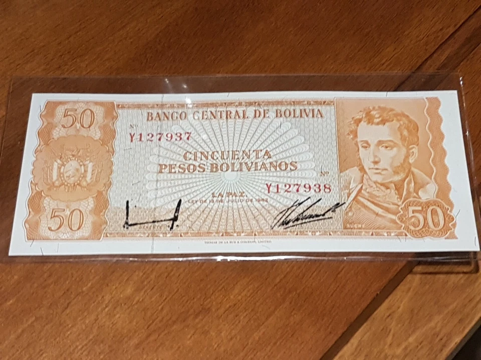 ➡➡ RARE MISMATCHED SERIAL NUMBERS ERROR NOTE BOLIVIA 50 PESOS 1962 P-162 GEM AU - Image 3 of 4