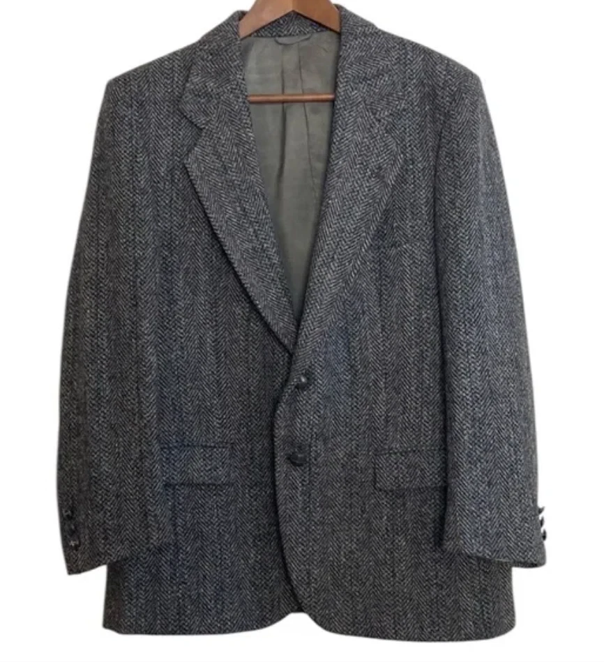 Vintage Harris Tweed Sport Coat Mens 42S Grey Herringbone Blue Stripe Blazer Foto 2 de 4