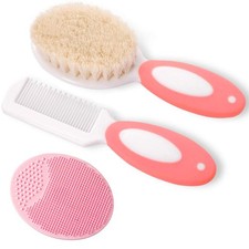Baby Hair Brush and Comb Set Natural Soft Bristles Cradle Cap Gift Pink