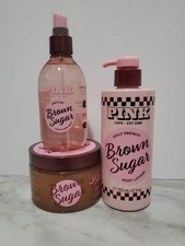 3 Pcs Set Victoria's Secret Pink Brown Sugar Hair  Body Mist Spray Lotion Scrub