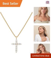 14K Gold Plated Cross Necklace Women Faith Pendant Zirconia 19-Inch Chain