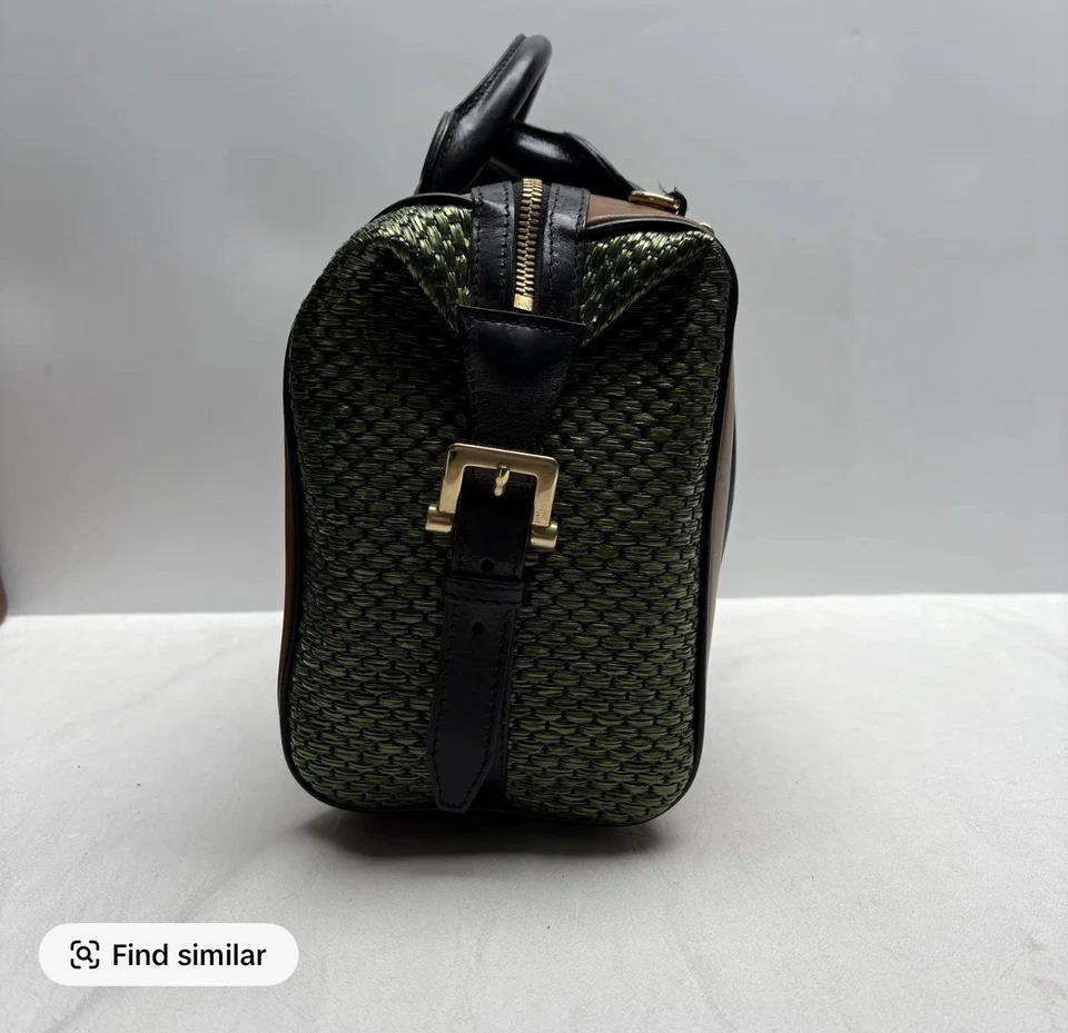 Bolso Burberry Prorsum Rafia Boston Bolso Verde Negro Tostado Cuero Cartera 100% Auténtico Foto 3 de 4