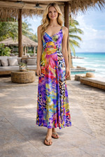 Y2K Colorful Patchwork Maxi Dress Animal Print Resort Travel Strappy EU40 US8