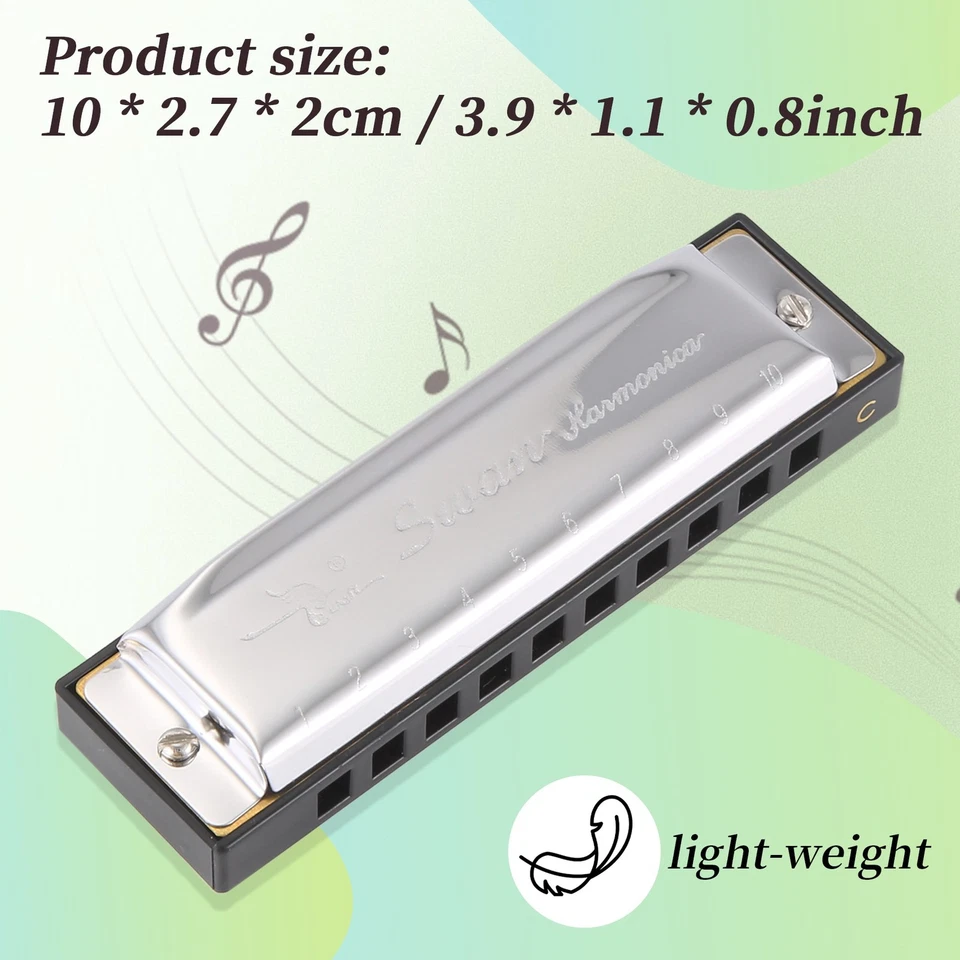 Swan Harmonica 10 Holes Key of C SILVER w/ Case Blues Harp Stainless Steel  C2C3 - image 3 of 4