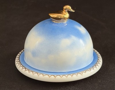 LIMOGES PEINT MAIN TOUR D'ARGENT COVERED BUTTER PAT FOIE GRAS DISH DUCK FINIAL