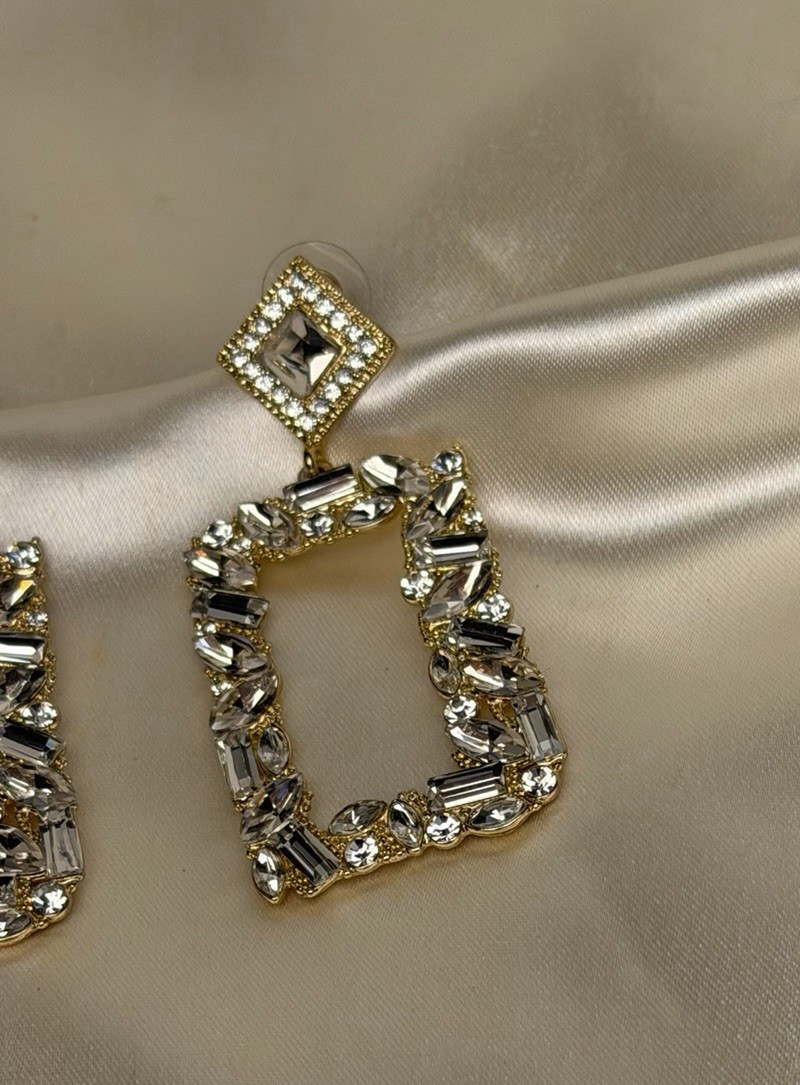 Gold Tone Rectangular Rhinestone Drop Earrings – … - image 4