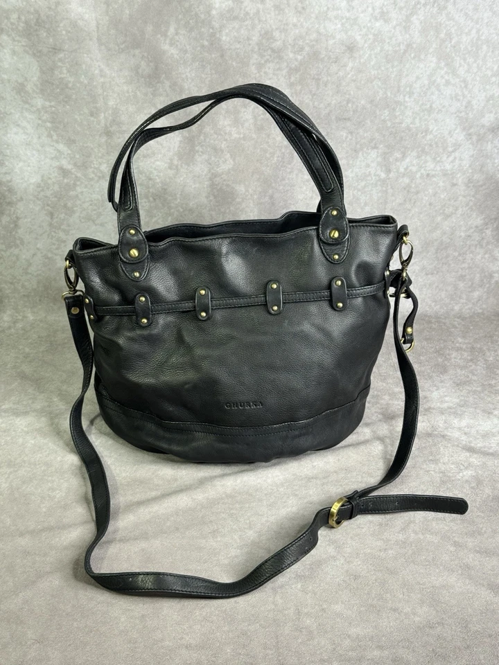 Bolso de hombro holgado vintage Ghurka de cuero negro