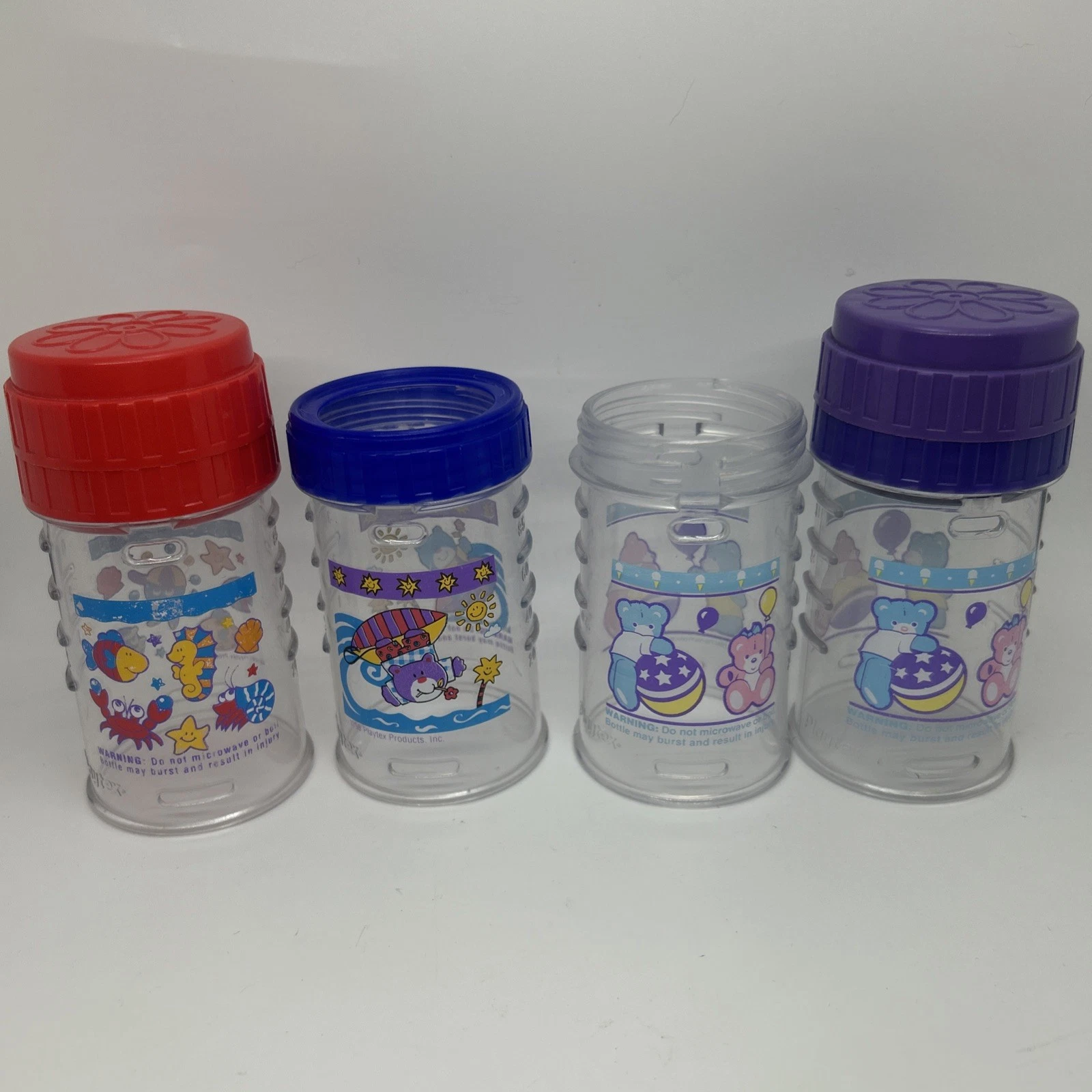 4X Vintage 90s Playtex Plastic 4oz Drop-In Nurser Baby Bottles Lids Bears Lot D