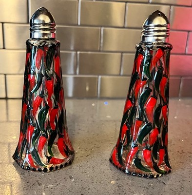 Vintage Hand Painted Glass Salt & Pepper Shakers Red& Green Pepper Pattern