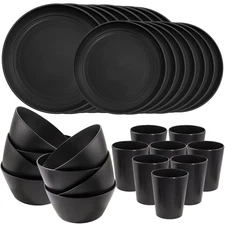 LIYH 48 Pcs Black Wheat Straw Plates and Bowls Dinnerware Set Camping Dish Se...
