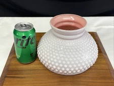 Antique Vtg Milk Glass Lamp Shade Pink & White Hobnail Dot Student Oil 7" Fitter