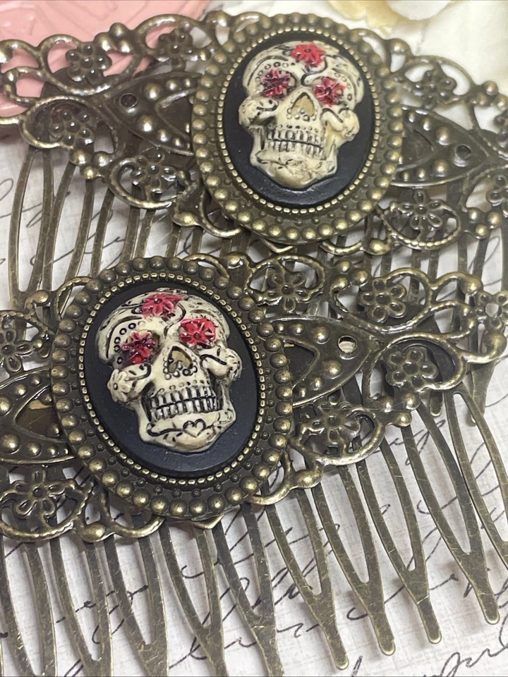 Bronze Barrette Jewelry Hair Combs Cameo Sugar Skull Gothic Day Dead Halloween - Image 2 of 4