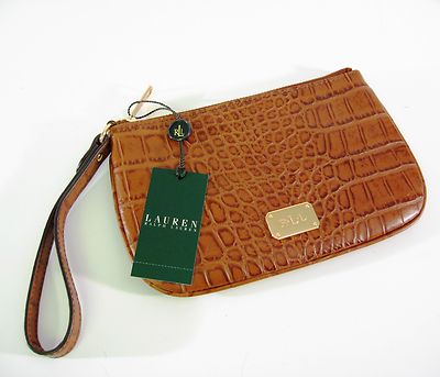 Ralph Lauren Leather Clutch Wristlet Stockbridge Croc Tan Brown MSRP $98  NWT