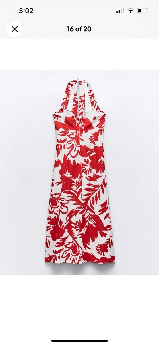 ZARA SS24 WOMAN MIDI PRINTED LINEN BLEND DRESS WHITE RED L
