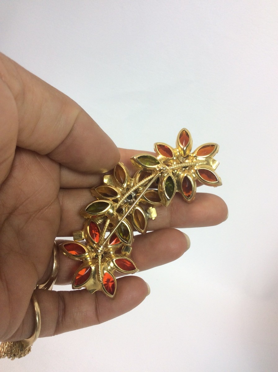 Beautiful Vtg Juliana Red Orange Yellow rhinestone Flower