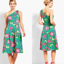 Talbots RSVP One Shoulder Fit Flare Pleated Green Floral Dress Size 2p