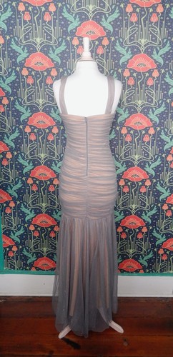 Vintage Y2K Gray Beige Glitter Tulle Pleated Crystal Mesh Ruched Prom Dress - Picture 4 of 7
