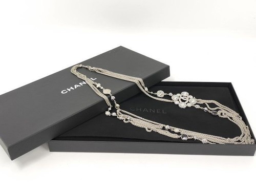 CHANEL Long Necklace Coco Mark Bijou Plated Silver A18B 96.5cm Chain Box Auth