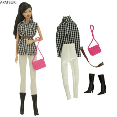 Kariertes Mode-Kleidungsset für Barbie Puppe Shirt Hose Gürtel Tasche Stiefel