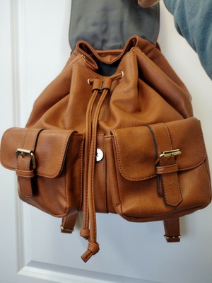Backpack Cognac Faux Leather Just Fab Gold Hardware Snap  display picture 3