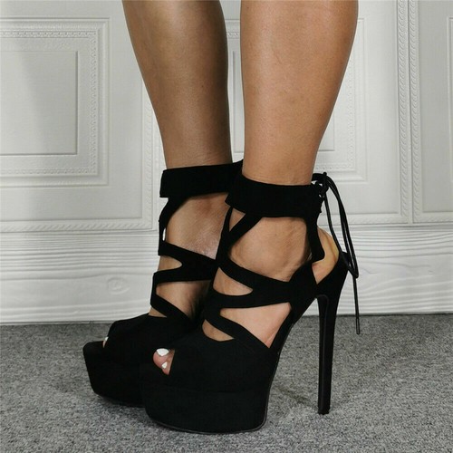 Zapatos de Mujer Sexy Negro Talla Grande Super Zapato Taco Aguja Alto  Plataforma Correa Sandalia romana | eBay