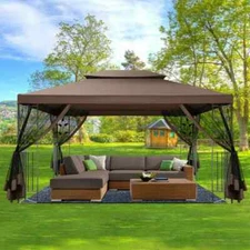 10'x13' Outdoor Patio Steel Gazebo with Mesh Screen & Mosquito Netting Vent Roof