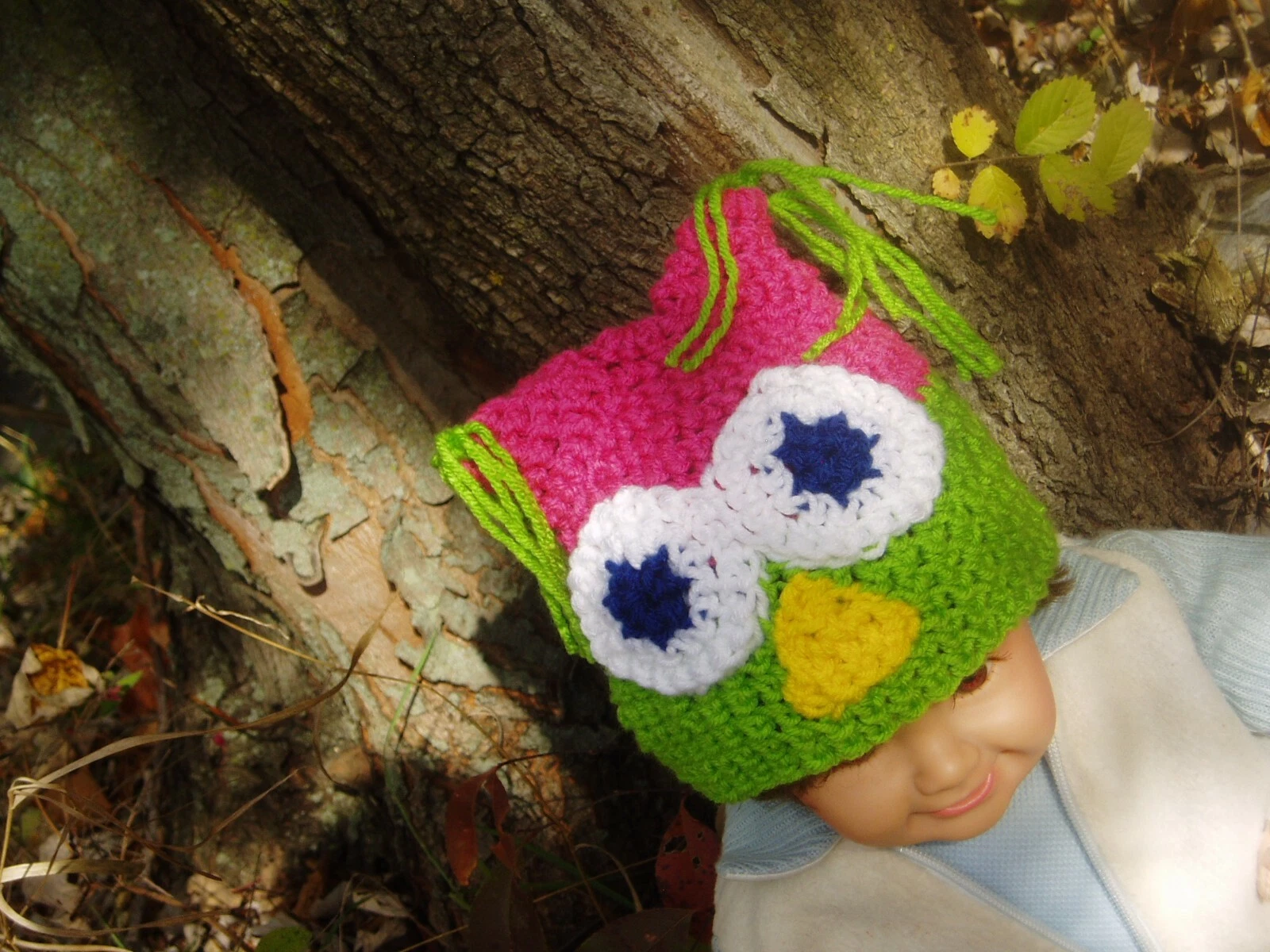 Crochet Owl Hat 3 - 6 Month Baby Girl Pink & Green Photo Prop Hat Handmade
