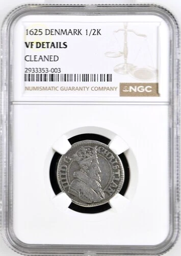1625 Denmark 1/2 Krone, NGC VF Details-Cleaned, KM 95.2, Scarce Type