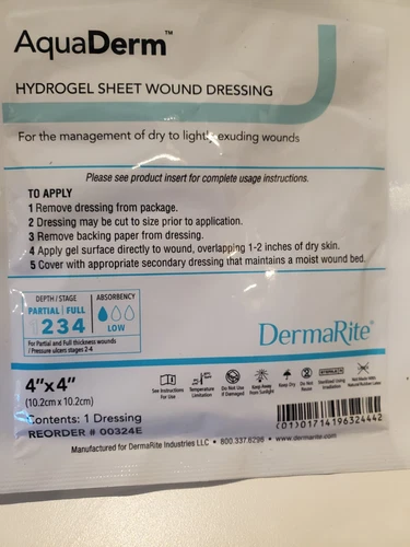 DERMARITE INDUSTRIES 4" x 4" AquaDerm Hydrogel Sheet Lot 9 Count 00324E 