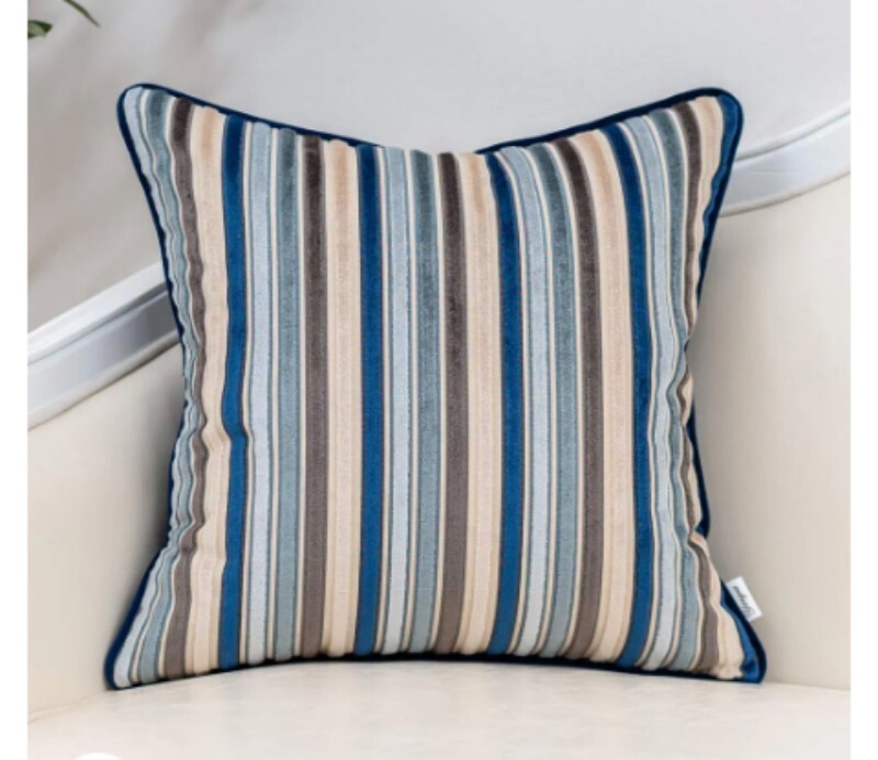  Blue Striped Velvet Throw Pillow Cover Multicolor Textured Boho 18" x 18" 