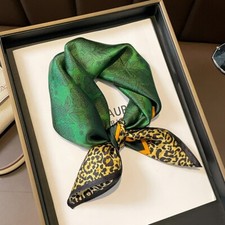 100 Silk Scarf Small Bandana Green Leopard Print Kerchief Head Turban 53 53cm