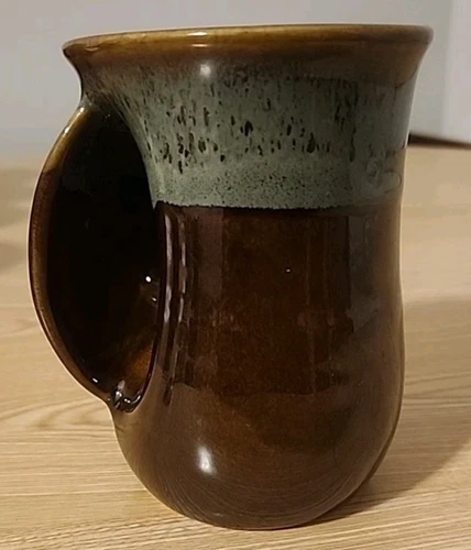 Neher Coffee Warming Mug Signed Pottery Drip Glaze 2015 Left Hand Green Brown