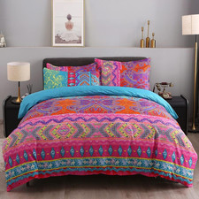 Bohemian Floral Duvet Cover Set - Lightweight Microfiber, King Size, Red